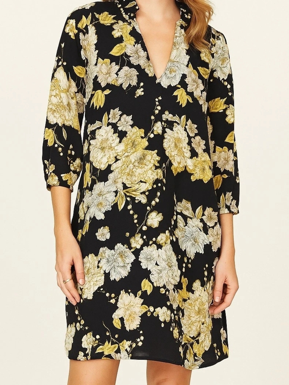 Black Floral V-Neck Shift Dress with Yellow & Cream Blooms